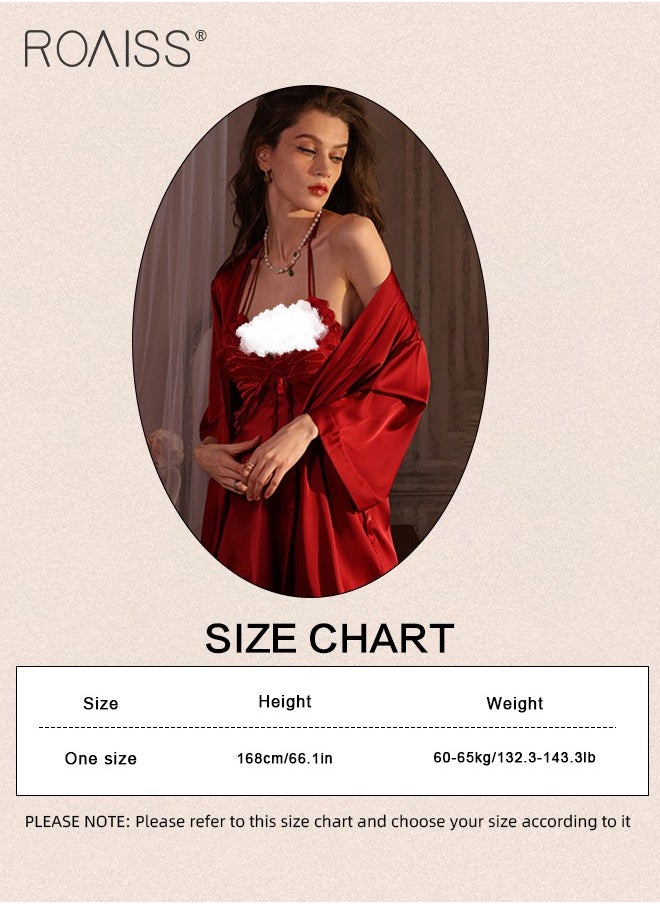 roaiss 4PCS Butterfly Halter Neck Nightgown for Women Satin Lace Mesh Suspender Pajamas Ice Silk Lace up Front Backless V Neck Nightdress Ladies Luxury French Style Loungewear  - Image 2