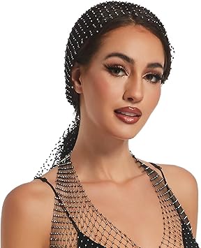 VASANA رباط رأس شبكي أسود مزين بالأحجار الكريمة للنساء، وشاح رأس لامع، قطعة رأس من الدانتيل الماسي، غطاء رأس كريستالي لنادي ليلي، إكسسوارات شعر للحفلات - Image 3