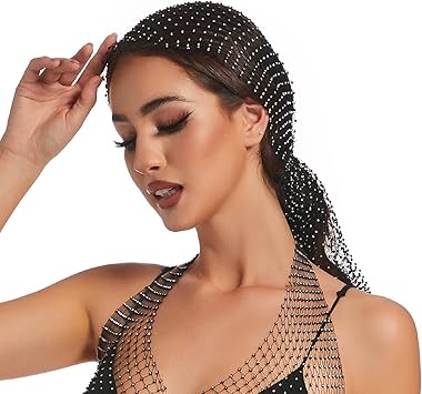 VASANA رباط رأس شبكي أسود مزين بالأحجار الكريمة للنساء، وشاح رأس لامع، قطعة رأس من الدانتيل الماسي، غطاء رأس كريستالي لنادي ليلي، إكسسوارات شعر للحفلات - Image 5