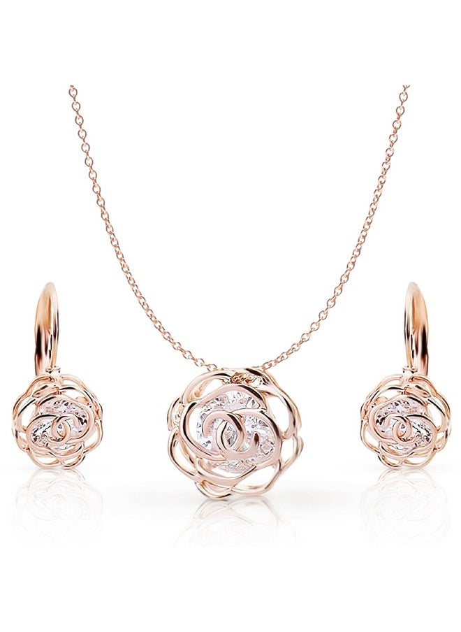 Crystalline Azuria Women 18K Rose Gold Plated White Crystal Roses Flowers Necklace And Earrings Set For Women Wedding Party Bridal Bridesmaid Accessories  - Image 1
