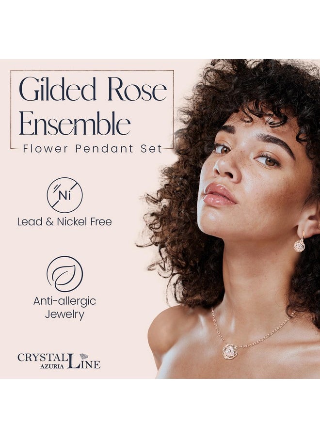 Crystalline Azuria Women 18K Rose Gold Plated White Crystal Roses Flowers Necklace And Earrings Set For Women Wedding Party Bridal Bridesmaid Accessories  - Image 3