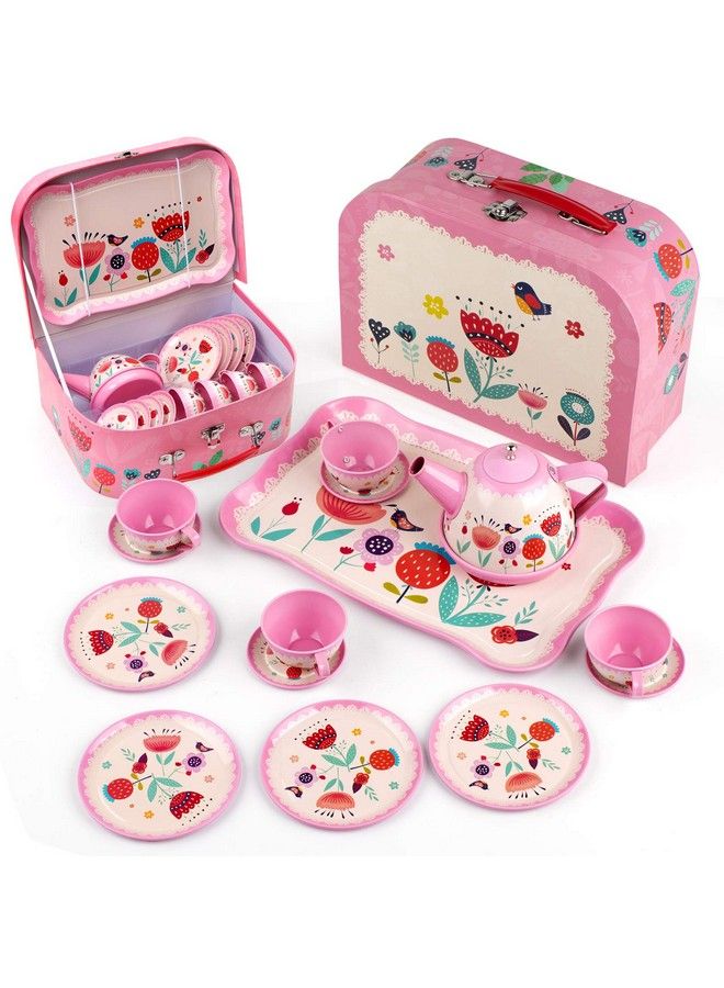 D-FantiX Kids Tea Set For Little Girls 15Pcs Pink Tin Tea Party Set For Toddlers Afternoon Tea Time Playset With Metal Teapots Tea Cups Play Dishes Princess Toys Gifts With Carry Case - Image 2