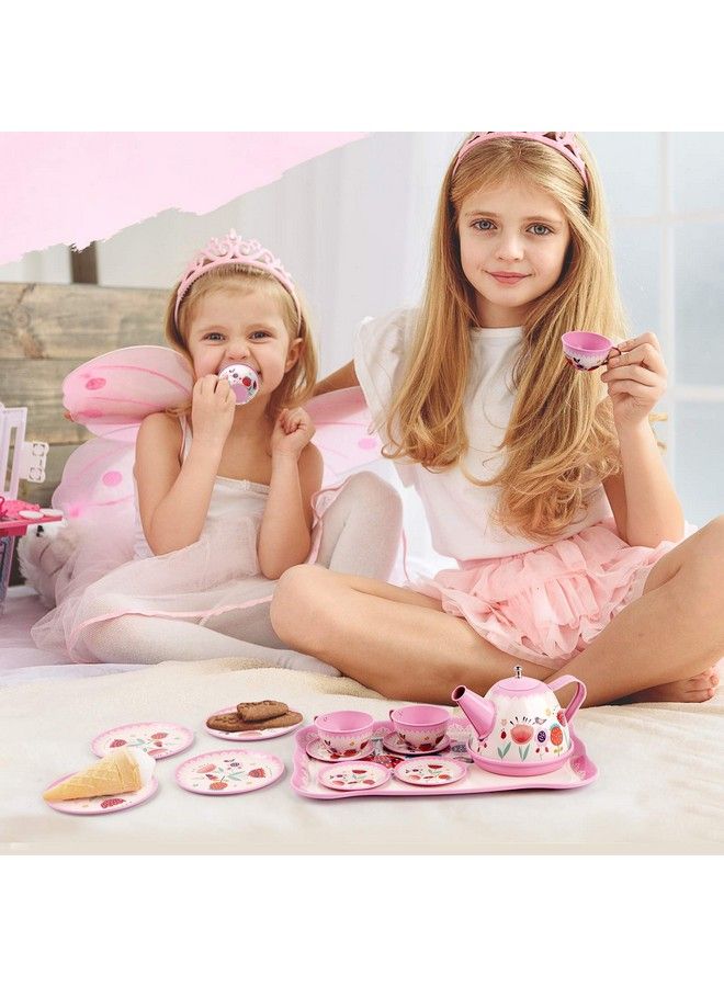 D-FantiX Kids Tea Set For Little Girls 15Pcs Pink Tin Tea Party Set For Toddlers Afternoon Tea Time Playset With Metal Teapots Tea Cups Play Dishes Princess Toys Gifts With Carry Case - Image 5