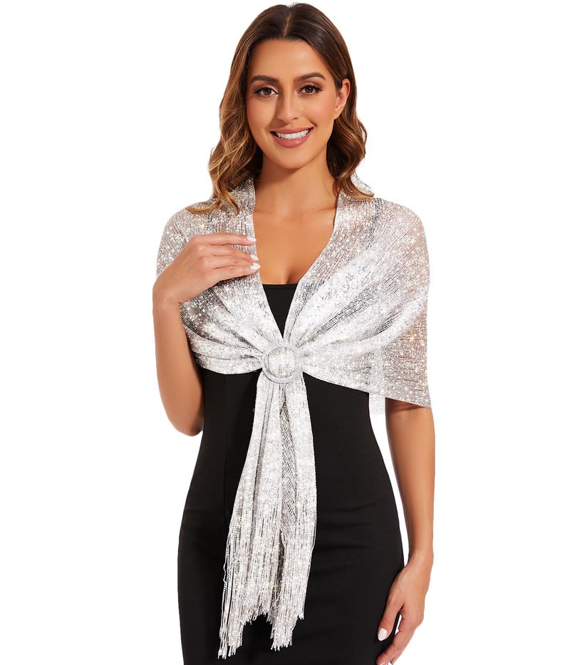 KUNINDOME Sparkling Metallic Shawls and Wraps with Buckle,Women Shawls and Wraps for Evening Dresses,Silver - Image 1
