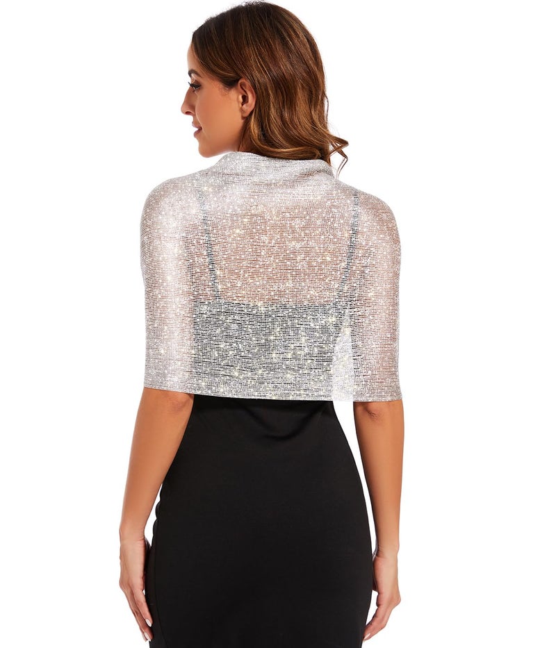 KUNINDOME Sparkling Metallic Shawls and Wraps with Buckle,Women Shawls and Wraps for Evening Dresses,Silver - Image 4