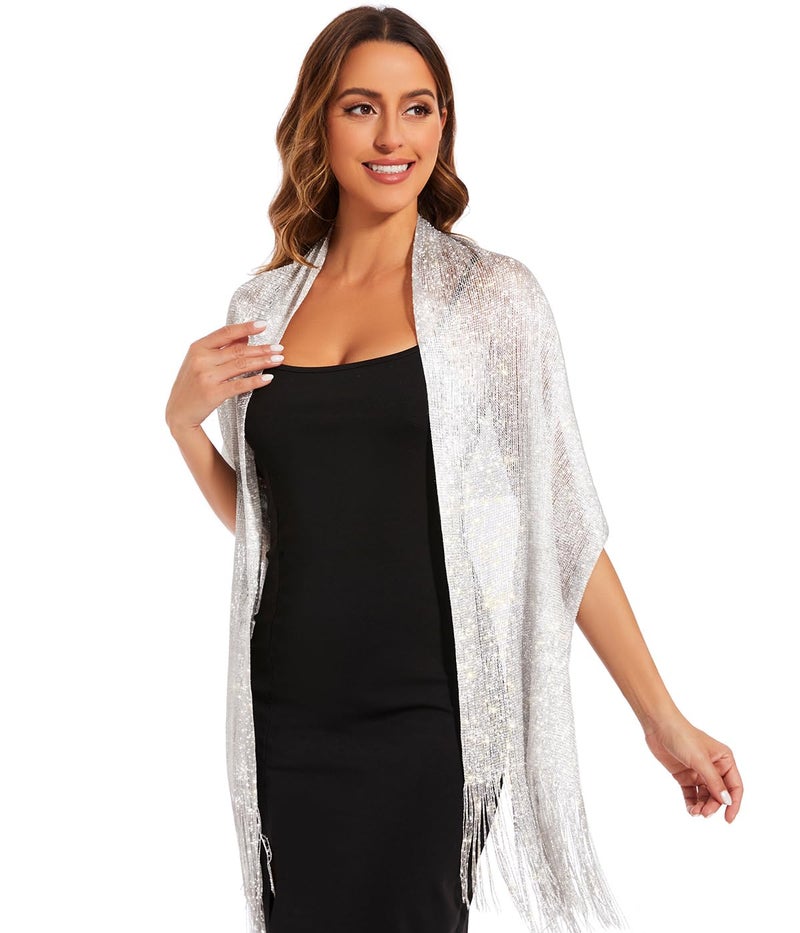 KUNINDOME Sparkling Metallic Shawls and Wraps with Buckle,Women Shawls and Wraps for Evening Dresses,Silver - Image 3
