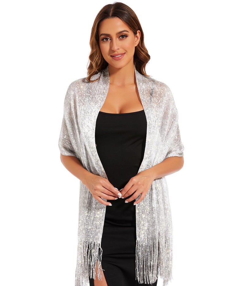 KUNINDOME Sparkling Metallic Shawls and Wraps with Buckle,Women Shawls and Wraps for Evening Dresses,Silver - Image 2