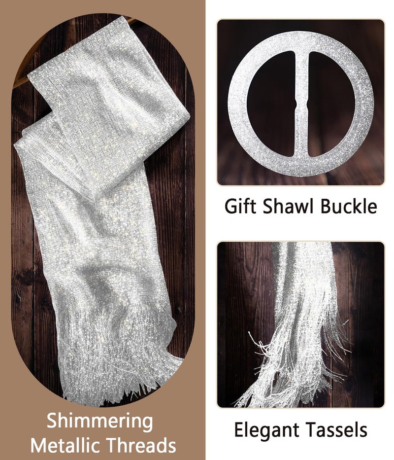 KUNINDOME Sparkling Metallic Shawls and Wraps with Buckle,Women Shawls and Wraps for Evening Dresses,Silver - Image 5