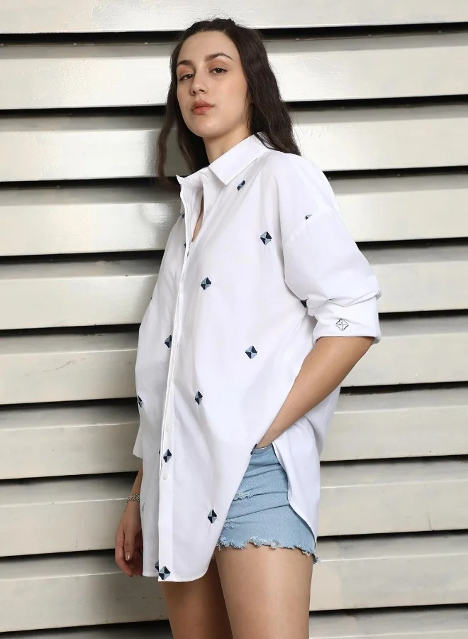 HIGH STAR Women's White 100% Cotton Embroidered Button Down Oversized Shirt