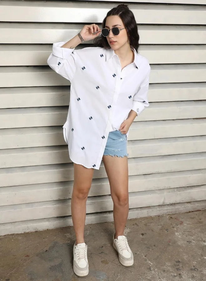 HIGH STAR Women's White 100% Cotton Embroidered Button Down Oversized Shirt