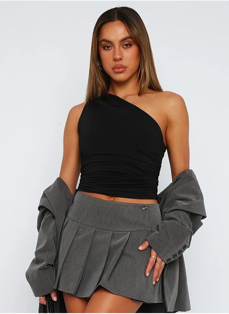 Vicino Vicino Women's One Shoulder Off Shoulder Blouse, Attractive and Distinctive, with Different Cuts on Both Sides in Different Sizes - Black  - Image 1