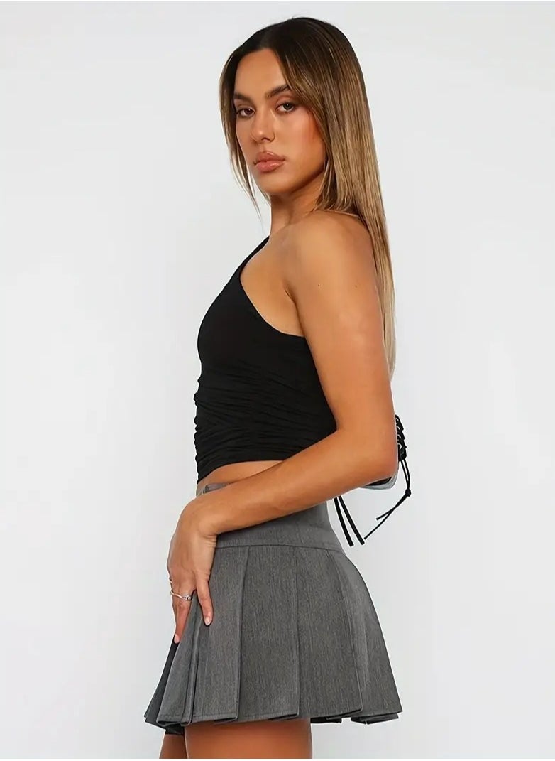 Vicino Vicino Women's One Shoulder Off Shoulder Blouse, Attractive and Distinctive, with Different Cuts on Both Sides in Different Sizes - Black  - Image 2