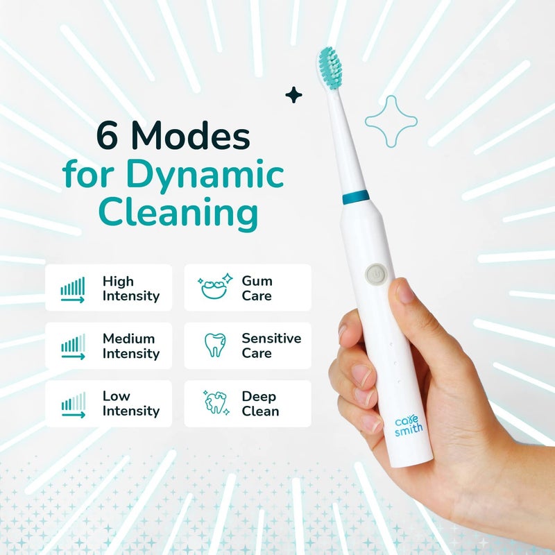 CARESMITH Spark Rechargeable Electric Toothbrush | 6 Operating Modes | 40000 Vibrations per Minute | 2 Brush Heads (White) - Image 3