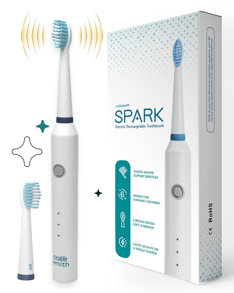 CARESMITH Spark Rechargeable Electric Toothbrush | 6 Operating Modes | 40000 Vibrations per Minute | 2 Brush Heads (White) - Image 1
