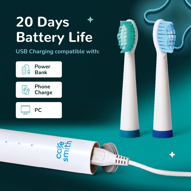 CARESMITH Spark Rechargeable Electric Toothbrush | 6 Operating Modes | 40000 Vibrations per Minute | 2 Brush Heads (White) - Image 4