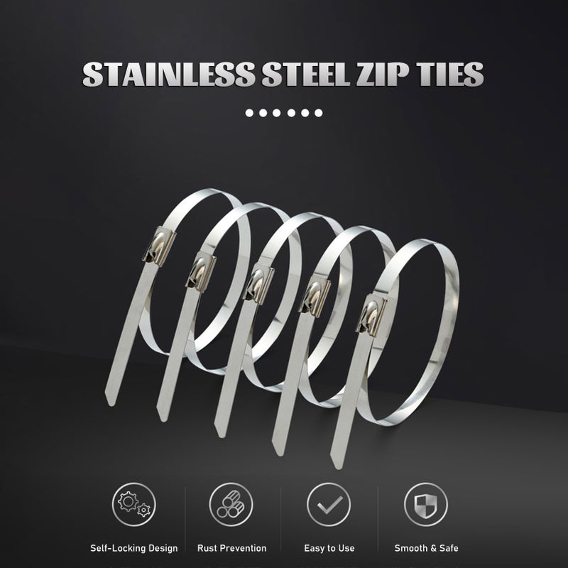 Stainless Steel Zip Ties: 304 Stainless Steel Rust Proof Heat Cold Resistant Strong Tensile Self-Locking Smooth Surface Silver Zip Ties for Ships Electricity Computer Farms Cables Pipes Gardens - Image 3