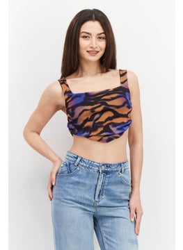 Women Square Neck Sleeveless Abstract Print Top, Black Combo