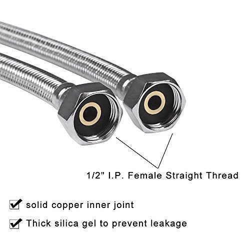 Vataler Faucet Line Connector Braided 304 Stainless Steel Supply Hose 1/2" I.P. Female Thread to 1/2" I.P. Female Straight Thread Faucet Hose Replacement (One Pair) - Image 4