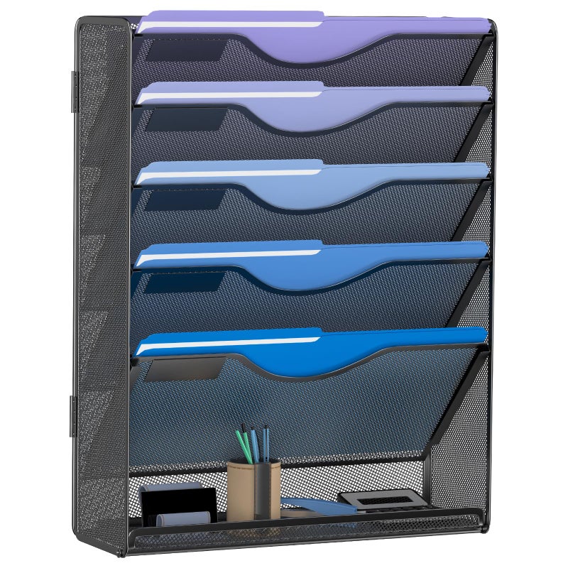Gawerk 6 Tier Hanging File Organizer, Mesh Wall File Holder Paper Folder Rack with Bottom Flat Tray for Office Home, Black - Image 1