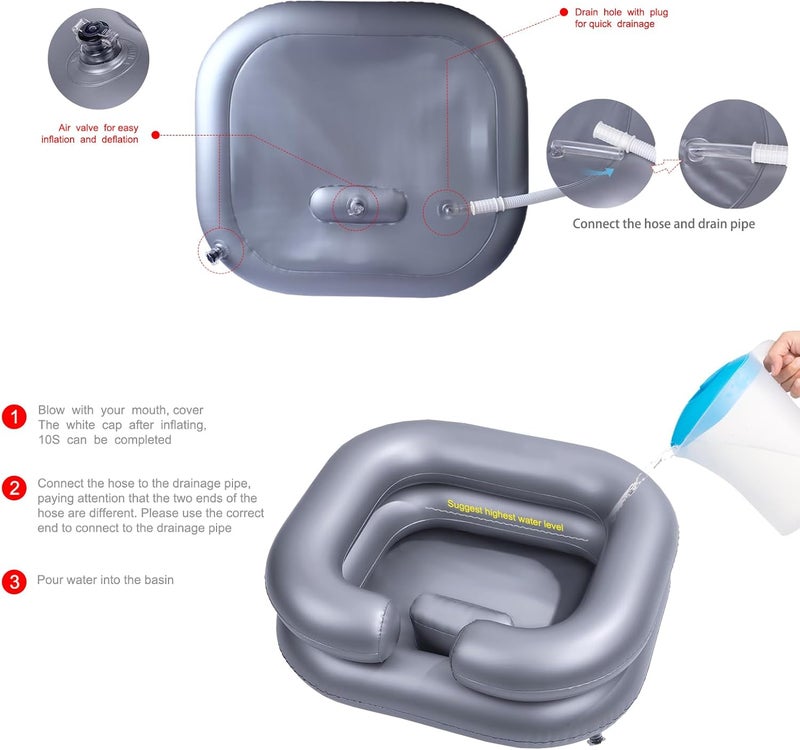 teentan Inflatable Shampoo Basin for Bedridden and Disabled,Portable Shampoo Bowl for Injured, Hair Washing Basin for Childred,Pregnant Woman,Easy Hair Washing at Home (Silvery) (Black) - Image 2