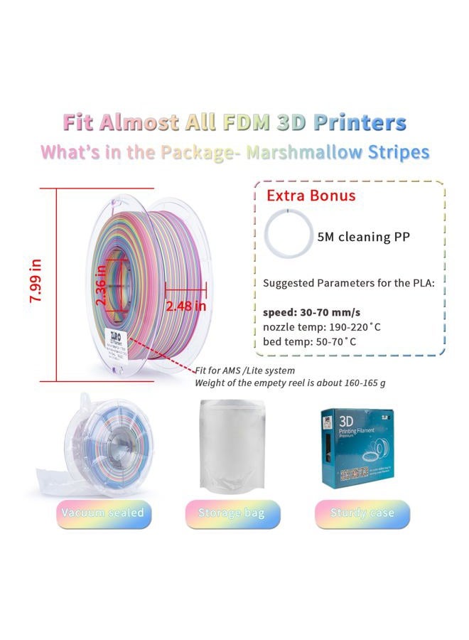 ZIRO Matte Stripes Multicolor Filament PLA 1.75mm, Fast Color Change Matte PLA Stripes Series 1kg, Multicolor Rainbow Matte Rotated 3D Printer Filament, Marshmallow Stripes - Image 5