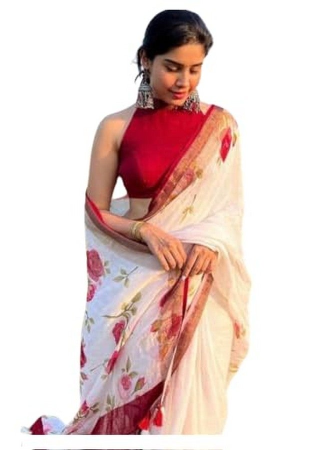 C J Enterprise Women’s Pure Soft Cotton Saree Linen Silk Sarees For Latest Party Design Wear Wedding Sadi With Blouse Piece Sari South Mulmul ikkat Mul Print 2025 New (Lilen -1 White Red) - Image 1