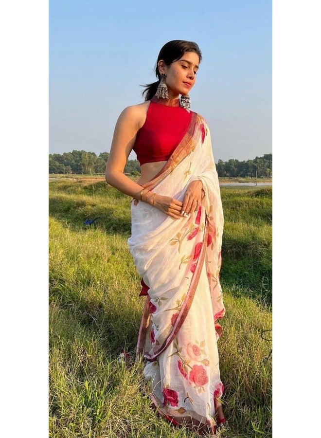 C J Enterprise Women’s Pure Soft Cotton Saree Linen Silk Sarees For Latest Party Design Wear Wedding Sadi With Blouse Piece Sari South Mulmul ikkat Mul Print 2025 New (Lilen -1 White Red) - Image 2