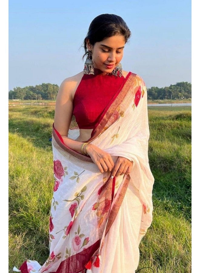 C J Enterprise Women’s Pure Soft Cotton Saree Linen Silk Sarees For Latest Party Design Wear Wedding Sadi With Blouse Piece Sari South Mulmul ikkat Mul Print 2025 New (Lilen -1 White Red) - Image 3