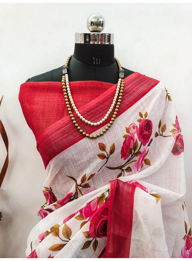 C J Enterprise Women’s Pure Soft Cotton Saree Linen Silk Sarees For Latest Party Design Wear Wedding Sadi With Blouse Piece Sari South Mulmul ikkat Mul Print 2025 New (Lilen -1 White Red) - Image 5