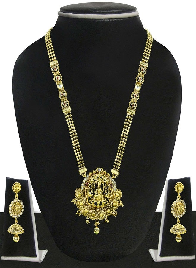 Zaveri Pearls طقم عقد طويل بتصميم معبد من اللؤلؤ الذهبي للنساء من زافيري - ZPFK5275 - Image 3