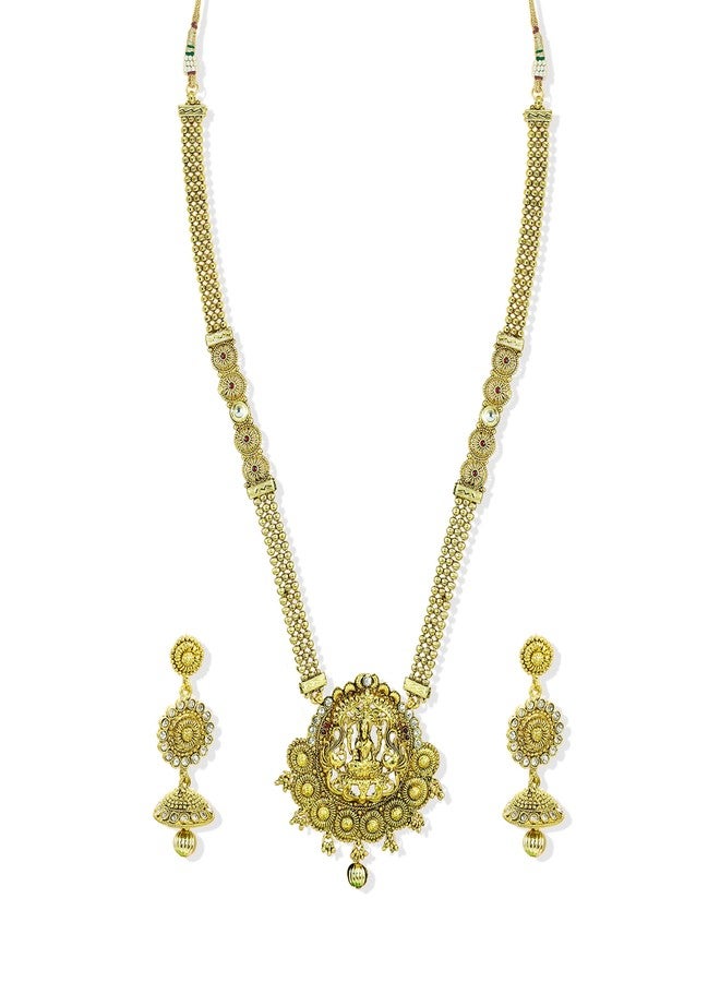 Zaveri Pearls طقم عقد طويل بتصميم معبد من اللؤلؤ الذهبي للنساء من زافيري - ZPFK5275 - Image 1