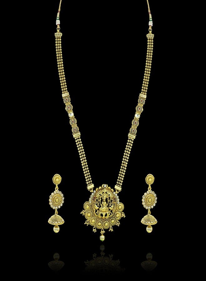 Zaveri Pearls طقم عقد طويل بتصميم معبد من اللؤلؤ الذهبي للنساء من زافيري - ZPFK5275 - Image 5