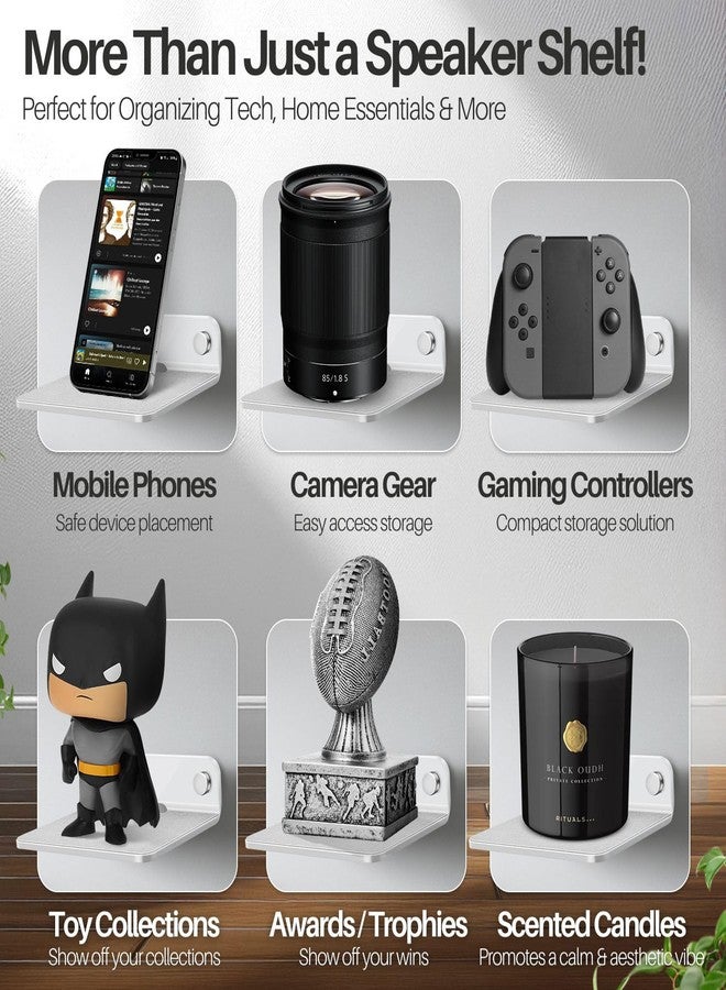 TNP Products TNP Speaker Shelf Wall Mount - Small Floating Shelf Stand w/Anti Slip for Rear Wireless Speaker - 9" Acrylic Tiny Shelves for Smart Phones, Cameras, Mini Action Figures Decor Display, (2 Pack, White) - Image 5