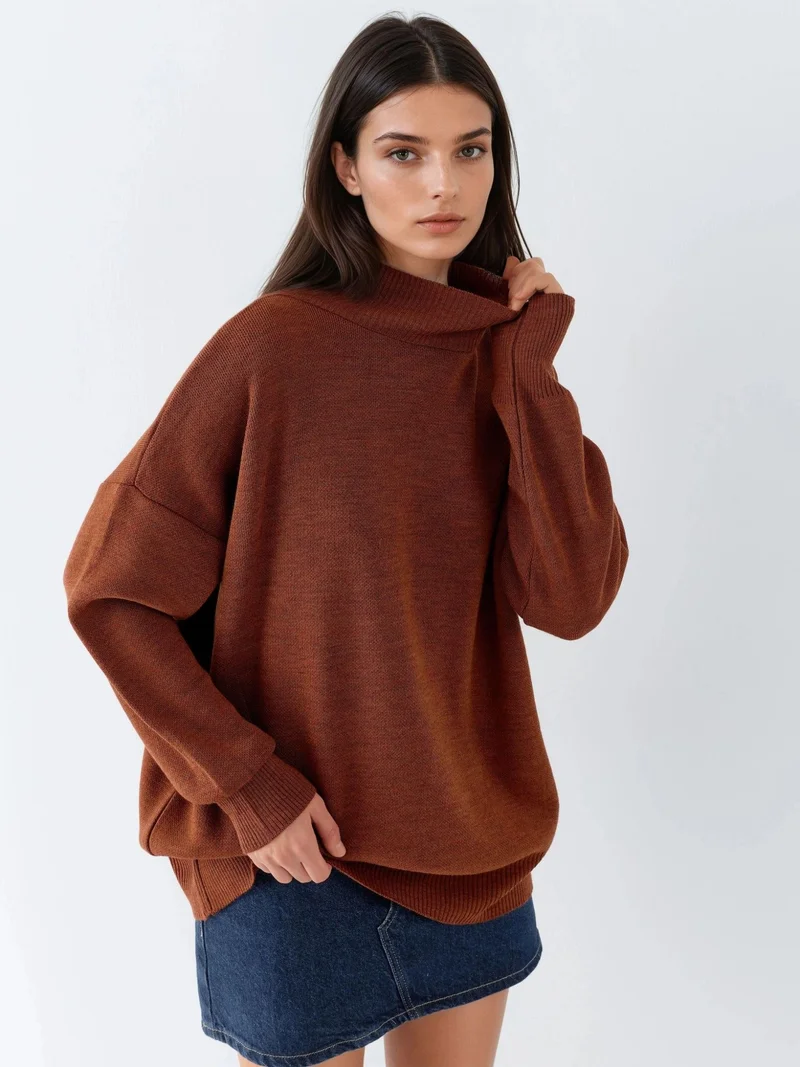 My Fashion Walnut Brown MY FASHION Oversized Half Turtleneck Knit Sweater for Women | Best Price UAE