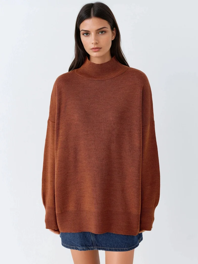 My Fashion Walnut Brown MY FASHION Oversized Half Turtleneck Knit Sweater for Women | Best Price UAE