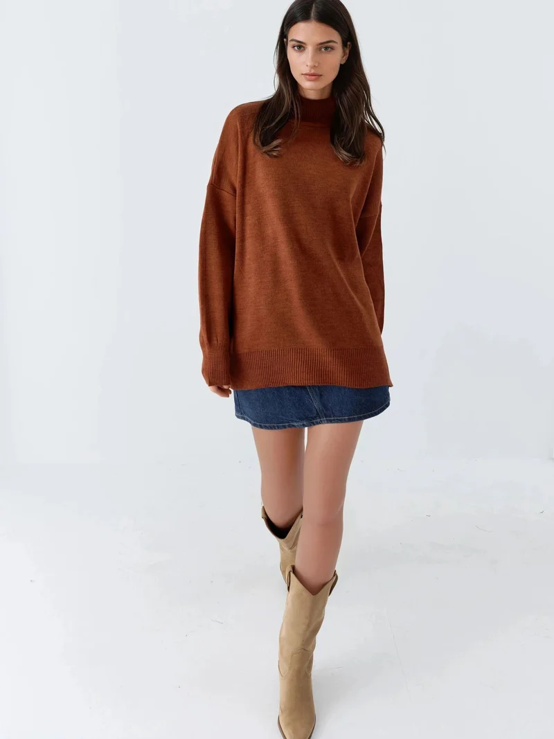 My Fashion Walnut Brown MY FASHION Oversized Half Turtleneck Knit Sweater for Women | Best Price UAE