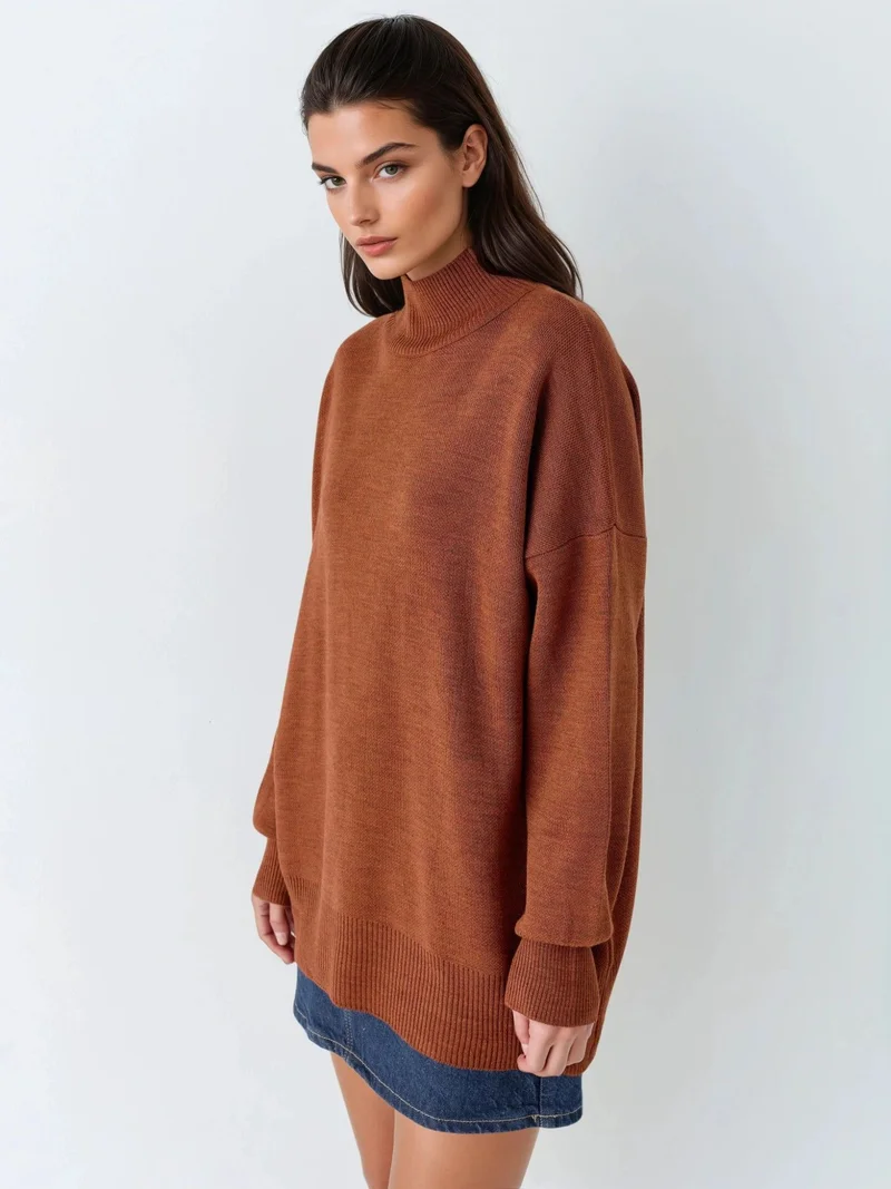 My Fashion Walnut Brown MY FASHION Oversized Half Turtleneck Knit Sweater for Women | Best Price UAE