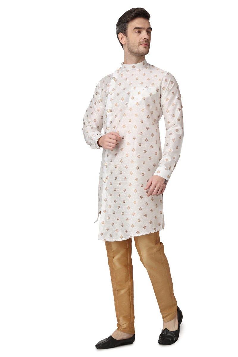 Royal Kurta Men's Silk Printed Kurta and Churidar Pyjama Set (38, White) - Image 3