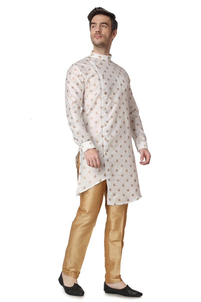 Royal Kurta Men's Silk Printed Kurta and Churidar Pyjama Set (38, White) - Image 4