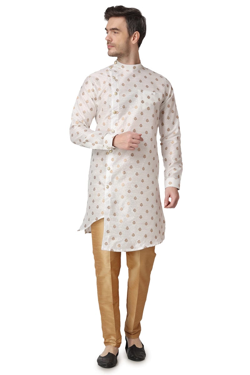 Royal Kurta Men's Silk Printed Kurta and Churidar Pyjama Set (38, White) - Image 1