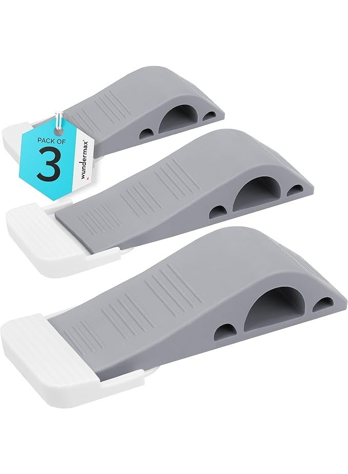 Wundermax Door Stoppers - Rubber Security Wedge for Bottom of Door on Carpet, Concrete, Tile, Linoleum & Wood - Heavy Duty Door Stop - Home Improvement - 3 Pack - Gray - Image 1