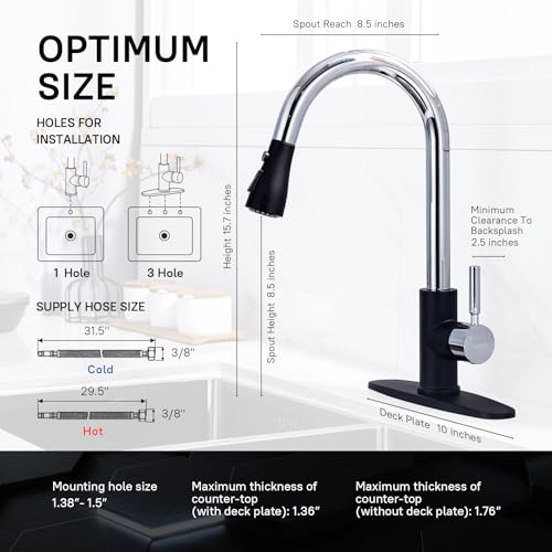 WEWE Kitchen Sink Faucet, Pull Down Kitchen Faucet, Black and Chrome Kitchen Faucet with Sprayer Stainless Steel Single Handle one or Three Hole for Laundry bar Kitchen Sinks - Image 2