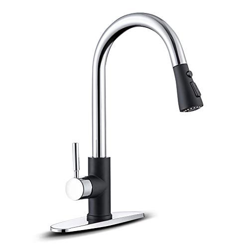WEWE Kitchen Sink Faucet, Pull Down Kitchen Faucet, Black and Chrome Kitchen Faucet with Sprayer Stainless Steel Single Handle one or Three Hole for Laundry bar Kitchen Sinks - Image 1
