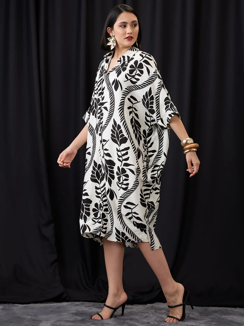 جلو باص Women White Tropical Print Collared Neck Batwing Sleeves Straight Hem Oversized Fusion Midi Shirt Dress