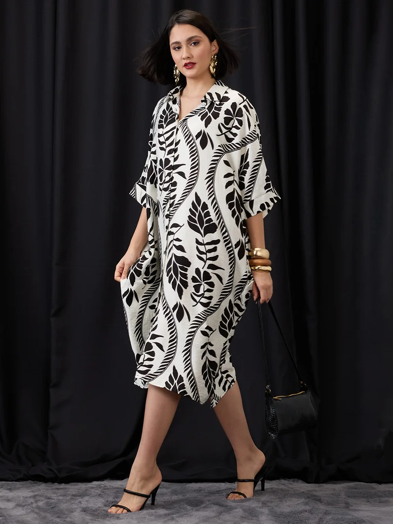 جلو باص Women White Tropical Print Collared Neck Batwing Sleeves Straight Hem Oversized Fusion Midi Shirt Dress