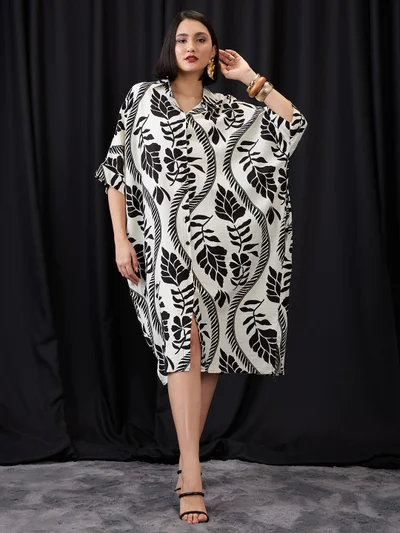 جلو باص Women White Tropical Print Collared Neck Batwing Sleeves Straight Hem Oversized Fusion Midi Shirt Dress