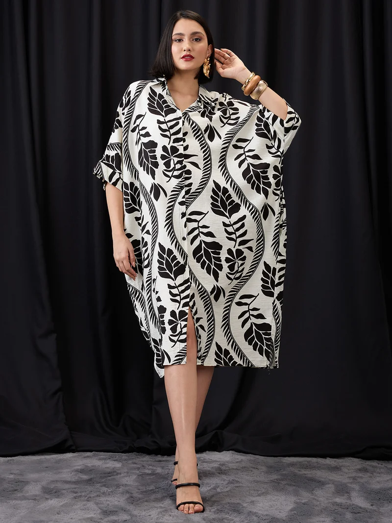 جلو باص Women White Tropical Print Collared Neck Batwing Sleeves Straight Hem Oversized Fusion Midi Shirt Dress