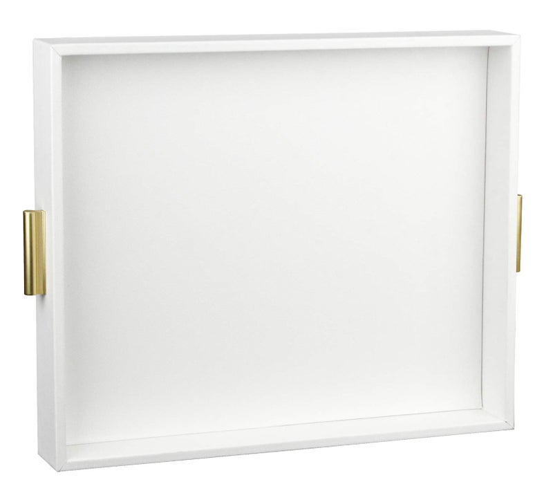 HofferRuffer Extra Large Serving Tray with Handles Elegant Faux Leather Storage Decorative Tray for Coffee Table Ottoman Console Table White TrayGolden Handle