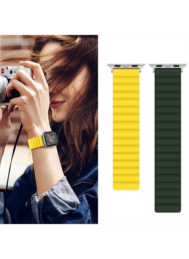 Anlinser - Magnetic Bands Compatible with Apple Watch Band 45mm 44mm 42mm 41mm 40mm 38mm, Women Men Double Side Reversible Strap for iWatch Series 8/7/6/5/4/3/2/1/SE (42mm/44mm/45mm, Green/Yellow) - Image 1