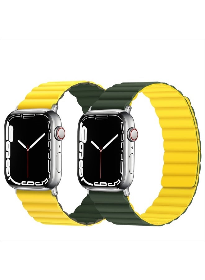 Anlinser - Magnetic Bands Compatible with Apple Watch Band 45mm 44mm 42mm 41mm 40mm 38mm, Women Men Double Side Reversible Strap for iWatch Series 8/7/6/5/4/3/2/1/SE (42mm/44mm/45mm, Green/Yellow) - Image 1
